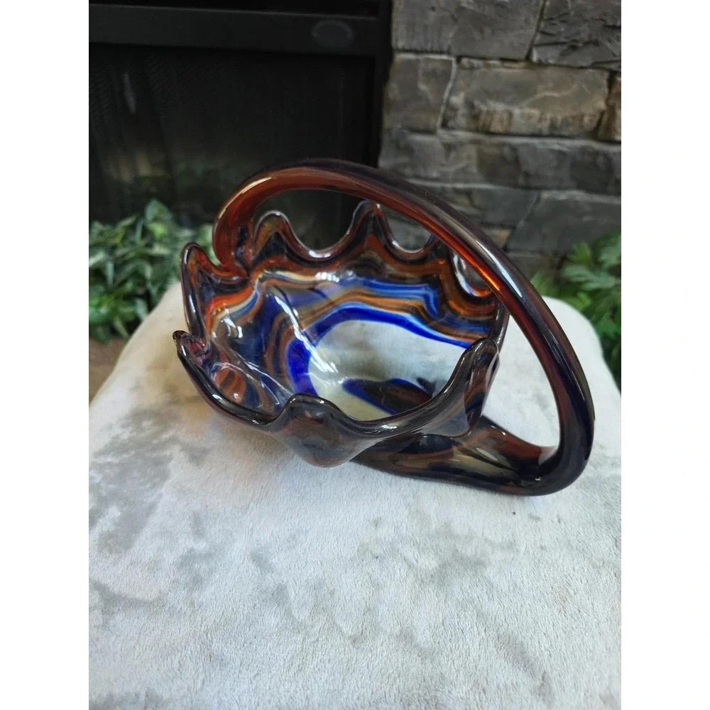 Hand Blown Art Glass Decorative Basket, Swirl Blue , Brown Amber, Handle